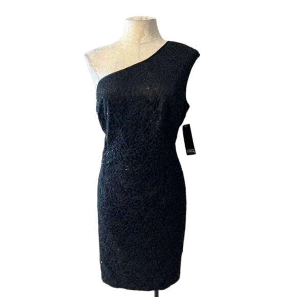 Adrianna Papell Dress Black 14 One Shoulder Sequin Cruise Wedding Party NWT - Picture 1 of 5